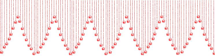 a red divider made up of threads in a curtain-like fashion. at the end of each thread is a red bead