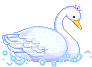 pixel art of a swan with a tiara on its head, swimming in water